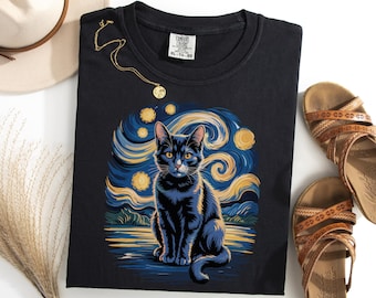 Black Cat Starry Night Shirt, Van Gogh Inspired Cat Lover Shirt, Night Sky Cat Art Shirt, Gift For Cat Lovers