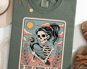 Crow Lady T-Shirt, Skeleton Holding Crow Tee, Funny Bird Mom Shirt, Halloween Raven Lover Gift, Spooky Bird T-Shirt, Witchy Crow Owner Tee