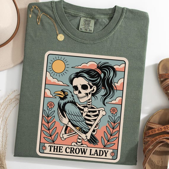 Crow Lady T-Shirt, Skeleton Holding Crow Tee, Funny Bird Mom Shirt, Halloween Raven Lover Gift, Spooky Bird T-Shirt, Witchy Crow Owner Tee