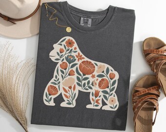Camiseta floral de gorila, camiseta retro para amantes de la vida silvestre, camiseta botánica de gorila, camiseta vintage con silueta de gorila, camiseta de regalo de animales de la selva