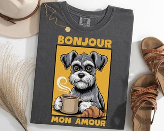 Miniature Schnauzer Coffee Shirt, Cute Dog With Croissant TShirt, Bonjour Mon Amour Shirt