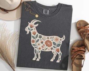 Goat Floral Shirt, Retro Farm Animal TShirt, Botanical Goat Lover Tee, Vintage Goat Silhouette T-Shirt, Homestead Gift for Her