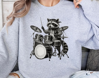 Sudadera de mapache baterista, sudadera divertida de mapache musical, sudadera de mapache tocando la batería, sudadera para amantes de la música rock