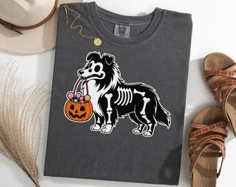 Halloween skelet hondenshirt, Shetland Sheepdog Trick Or Treat T-shirt, Spooky Sheltie Bones Tee, grappig Halloween kostuum shirt