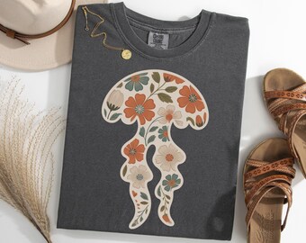 Chemise florale méduse, t-shirt animal rétro océan, t-shirt méduse botanique, t-shirt vintage silhouette méduse, t-shirt cadeau pour les amoureux de la vie marine