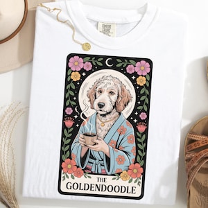 Tarot Goldendoodle TShirt, Funny Dog Tarot Card Tee, Mystic Doodle Shirt, Coffee Dog Shirt, Spiritual Dog Lover Gift Tee