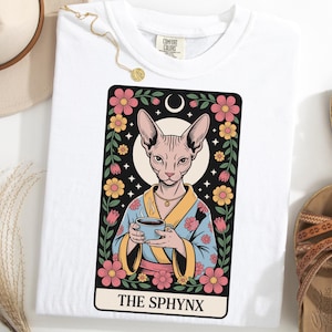 Tarot Sphynx Cat TShirt, Funny Sphynx Tarot Card Tee, Mystic Hairless Cat Shirt, Sphynx Coffee Shirt, Spiritual Kitty Lover Tee
