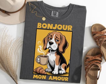 Beagle Coffee Shirt, Bonjour Mon Amour Shirt, Funny Morning Coffee Beagle T-Shirt