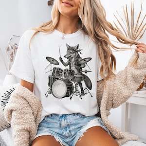 Coyote Drummer T-Shirt, Funny Coyote Music Tee, Coyote Playing Drums Shirt, Rock Wild Animal Band Graphic Tee, Music Pet Shirt