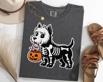 Halloween Skeleton Dog Shirt, West Highland White Terrier Trick Or Treat TShirt, Spooky Westie Bones Tee, Funny Halloween Dog Costume Shirt
