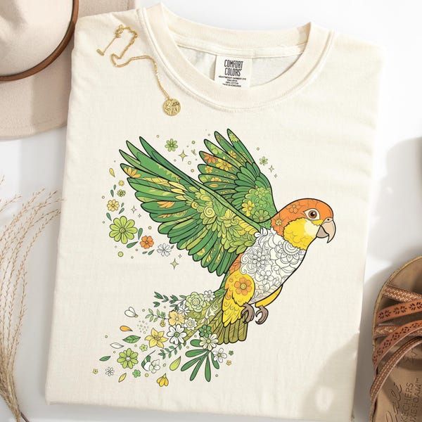 Biała koszula z motywem kwiatowym Caique Belly, wiosenna koszulka z kwiatowym motywem Caique, prezent dla miłośnika ptaków