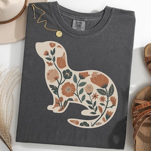 Ferret Floral Shirt, Retro Pet Lover TShirt, Botanical Ferret Mom Tee, Vintage Ferret Silhouette T-Shirt, Small Animal Gift Tee