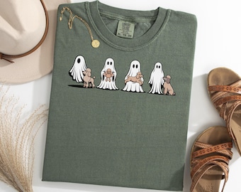 Maglietta di Halloween con barboncino fantasma, divertente maglietta autunnale per amanti dei cani, maglietta spettrale con barboncino per feste in costume "dolcetto o scherzetto"