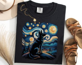 Deutscher Schäferhund Van Gogh T-Shirt, Sternennacht-Hund-T-Stück, lustiges Schäfer-Liebhaber-Shirt, künstlerisches Haustier-Hundegeschenk, einzigartiges Hundegehöft-T-Shirt