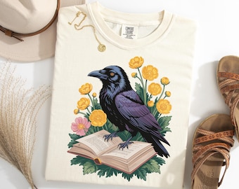 Crow Shirt, Gothic Raven Book Tee, Dark Academia Bird T-Shirt, Bookish Crow Gift, Floral Gothic Sweatshirt, Raven Lover Tee