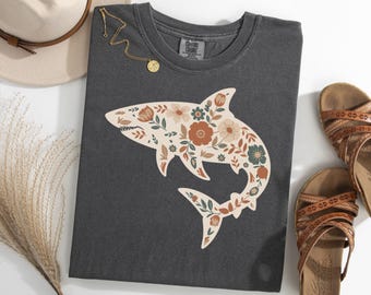 Weißer Hai Floral Shirt, Retro Ozean Tier TShirt, Botanisches Hai T-Shirt, Vintage Hai Silhouette T-Shirt, Meereswelt Liebhaber Geschenk T-Shirt