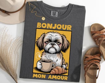 Shih Tzu Coffee Shirt, Cute Dog With Croissant TShirt, Bonjour Mon Amour Shirt