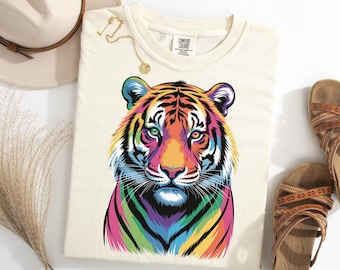 Colorful Tiger Portrait Shirt, Retro Jungle Cat Shirt