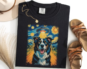 Border Collie Shirt, UFO Dog Abduction Tee, Starry Night Alien T