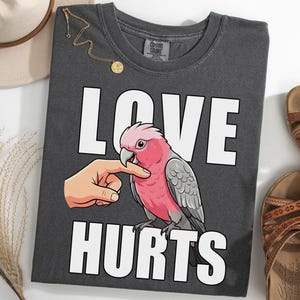 May include: Dark gray t-shirt with the words "LOVE HURTS" in white block letters. A cartoon illustration of a pink and gray parrot is featured, with a finger touching its beak. A gold necklace and brown sandals are also visible.