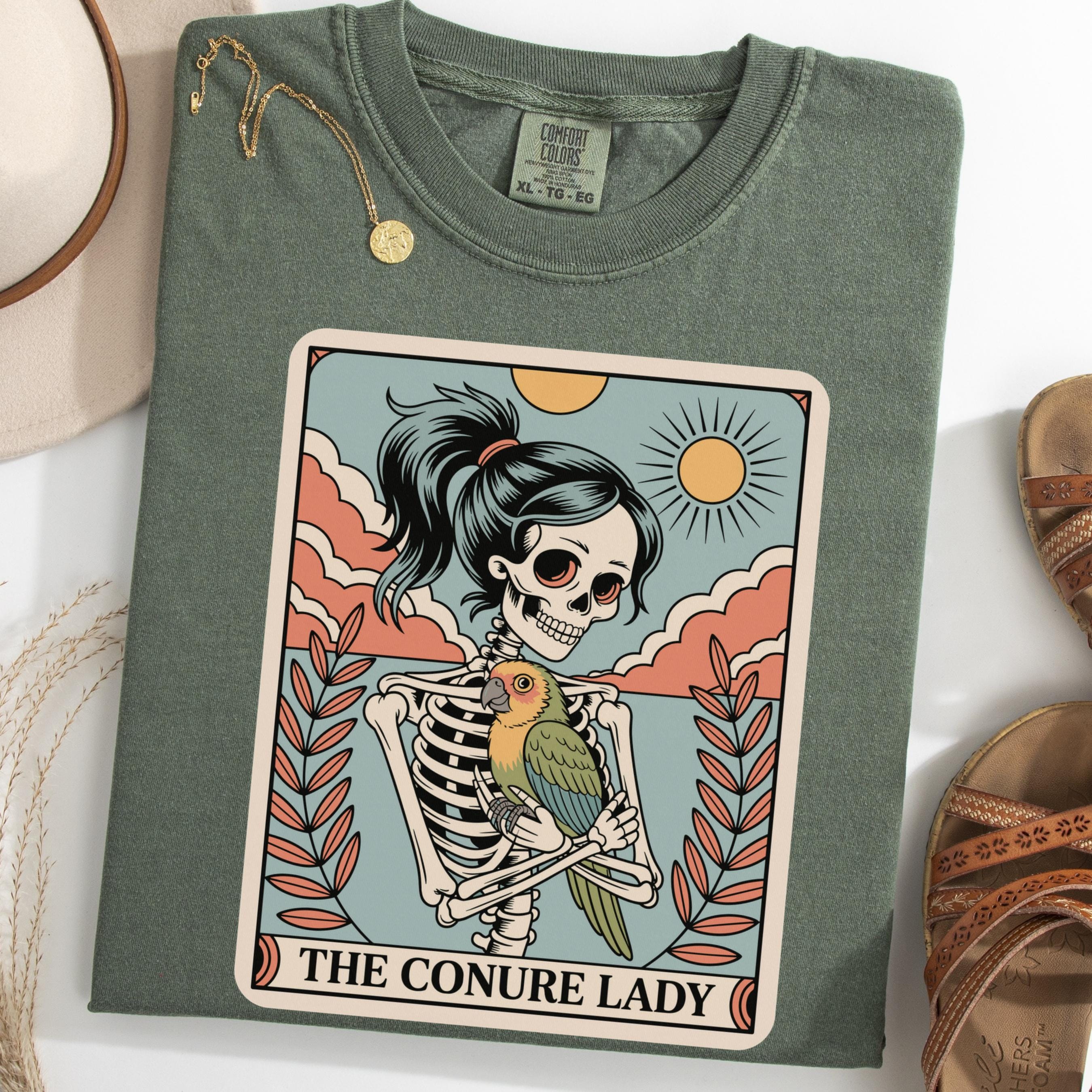 Conure Lady T-Shirt, Skeleton Holding Conure Tee, Funny Bird Mom Shirt, Parrot Lover Gift, Halloween Conure Owner Tee, Spooky Bird T-Shirt