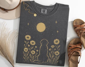 Golden Retriever Moon Shirt, Minimalist Boho Golden Night Flower Tee, Dog Lover Gift