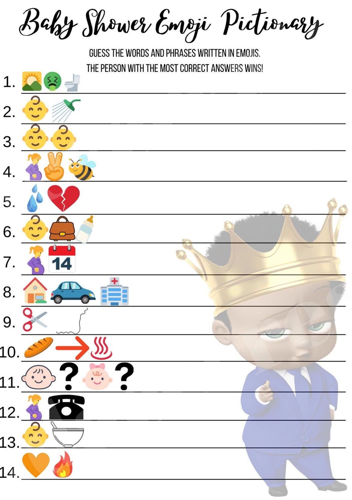 Boss Baby Shower Games Boss Baby Watermark Emoji Pictionary Etsy Canada
