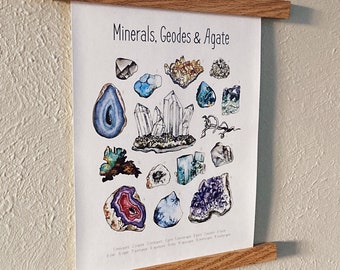 May include: A framed print with a white background and colorful illustrations of various minerals, geodes, and agate. The title of the print is "Minerals, Geodes & Agate".