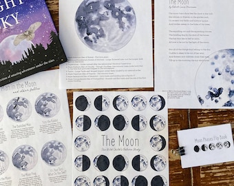 Könnte beinhalten: Ein Satz druckbarer Lernmaterialien über den Mond, darunter ein Diagramm der Mondanatomie, ein Gedicht über den Mond, ein Mondphasen-Klappbuch und eine Mondphasen-Tabelle. Die Materialien sind auf weißem Papier mit schwarzer und grauer Tinte gedruckt.