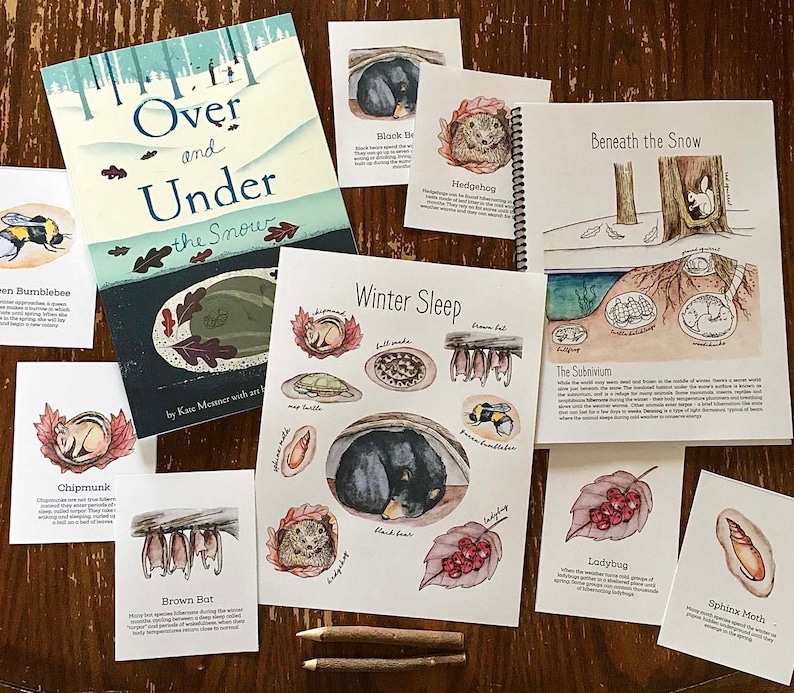 Pode incluir: Um conjunto de 10 cart&otilde;es ilustrados com v&aacute;rios animais que hibernam durante o inverno. Cada cart&atilde;o tem uma ilustra&ccedil;&atilde;o colorida do animal e um texto que descreve os seus h&aacute;bitos de hiberna&ccedil;&atilde;o. Os cart&otilde;es s&atilde;o intitulados "Over and Under the Snow".