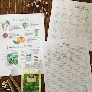 May include: A garden planning worksheet with a grid for mapping out vegetable placement. The worksheet includes a list of vegetables, varieties, planting dates, and days to harvest. The list includes Swiss chard, parsley, carrots, kale, and peas. A seed packet for dill is also shown.