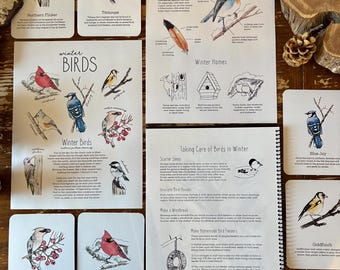 May include: A set of illustrated cards featuring different types of winter birds, including the Northern Flicker, Titmouse, Cedar Waxwing, Cardinal, and Blue Jay. The cards also include information about how to care for birds in winter, such as scattering seeds, insulating bird houses, and making windbreaks.