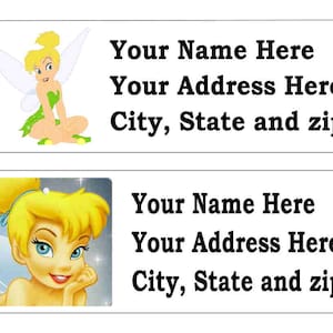 May include: Two printable address labels featuring a cartoon image of Tinkerbell, a fairy with blonde hair and green wings. The text on the labels reads "Your Name Here", "Your Address Here", and "City, State and zip".