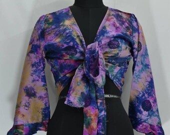 Regular Up-Cycled Sari Bell Sleeve Wrap Tie Top #107
