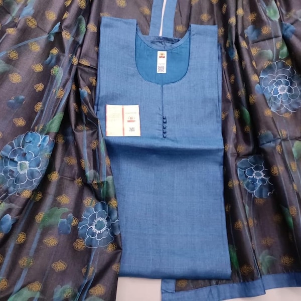 Pure tussar silk semi-stitched churidar set for women silk Kurta Dupatta handpainting Suit, tassar silk dupatta, churidar on sale
