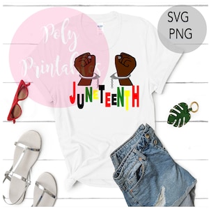 May include: White t-shirt with a graphic of two raised fists in handcuffs and the word "Juneteenth" in red, yellow, green, and black.