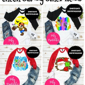 May include: Four different designs for a baseball tee shirt. The designs include Mickey Mouse, a rainbow with the word "Disney", a Christmas-themed "Disney" design, and a Santa Claus design with the words "Ho Ho Ho".