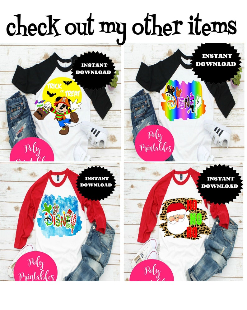 May include: Four different designs for a baseball tee shirt. The designs include Mickey Mouse, a rainbow with the word "Disney", a Christmas-themed "Disney" design, and a Santa Claus design with the words "Ho Ho Ho".
