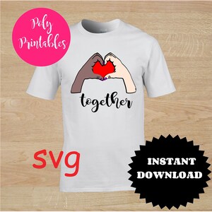 Juntos, blanco y negro, manos de amor del corazón, unidad, paz, SVG, archivo de corte, descarga digital instantánea