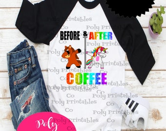 Prima e dopo il caffè Unicorn arcobaleno clipart PNG file download digitale istantaneo per sublimazione
