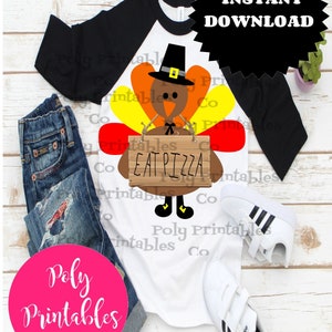 May include: A white t-shirt with a black and white baseball style sleeve design. The shirt features a cartoon turkey wearing a pilgrim hat and holding a sign that says "Eat Pizza".