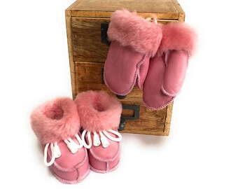 Woolfield Baby Schapenvacht Slippers + Handschoenen Pasgeboren Jongens Meisjes Laarzen Lederen Maat 0-18 Maanden