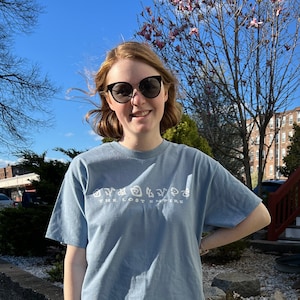 Puede incluir: Una camiseta azul claro con texto blanco que dice "Analogues The Lost Empire". La persona que lleva la camiseta está de pie afuera frente a una casa.