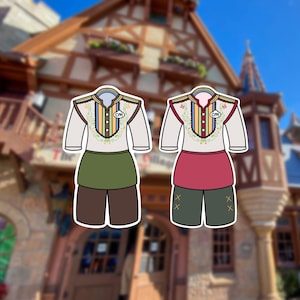 May include: Two cartoon illustrations of a white shirt with a green and yellow striped pattern, a green apron, and brown pants. The shirt has a small embroidered flower design and a name tag that says "CM". The illustration on the right has a red apron instead of a green one.