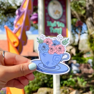 Floral Teacup Die Cut Sticker | weatherproof laptop & water bottle sticker | theme park ride | MK WDW cast member sticker