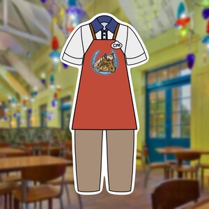 May include: A red apron with a cartoon horse design and a blue "CM" name tag. The apron is worn over a white short-sleeved shirt with a blue collar and brown straps. The person is wearing tan pants.