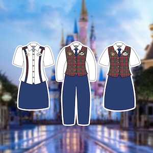 May include: Three different uniform designs for a theme park employee. The first design is a white short-sleeved shirt with a blue skirt, a red and black plaid vest, and a name tag that says "CM". The second design is a white long-sleeved shirt with blue pants, a red and black plaid vest, and a name tag that says "CM". The third design is a white short-sleeved shirt with a blue skirt, a red and black plaid vest, and a name tag that says "CM".