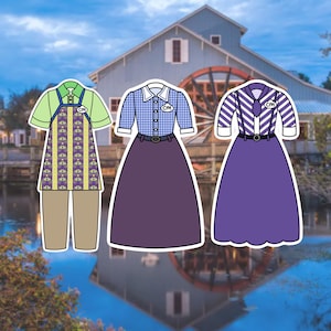May include: Three outfits displayed as flat illustrations. The first is a light green shirt with a patterned apron and tan pants. The second is a blue checkered shirt with a dark purple skirt. The third is a purple striped shirt with a purple skirt.