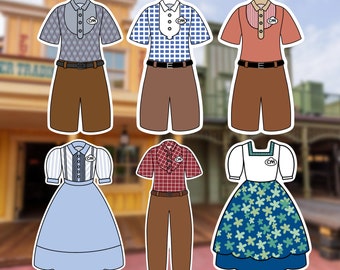 Puede incluir: Seis diseños de vestuario diferentes para los miembros del reparto de un parque temático. Los trajes incluyen una camisa de cuadros azules y blancos con pantalones marrones, una camisa roja con pantalones marrones, una camisa de rayas azules y blancas con una falda azul, una camisa de cuadros rojos y negros con pantalones marrones, una camisa blanca con una falda floral azul y verde, y una camisa de estampado gris y blanco con pantalones marrones. Cada traje tiene una etiqueta con el nombre "CM" en ella.