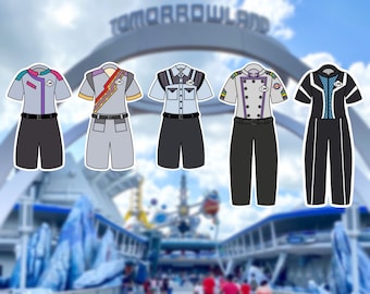 May include: Five different uniform designs for cast members at a theme park. The uniforms are in various colors, including blue, gray, black, and white. Each uniform has a name tag that says "CM". The uniforms are displayed in front of a blurred background of a theme park.
